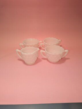 Old Quilt Milk Glass Creamer Sugar Set of 4 Vintage